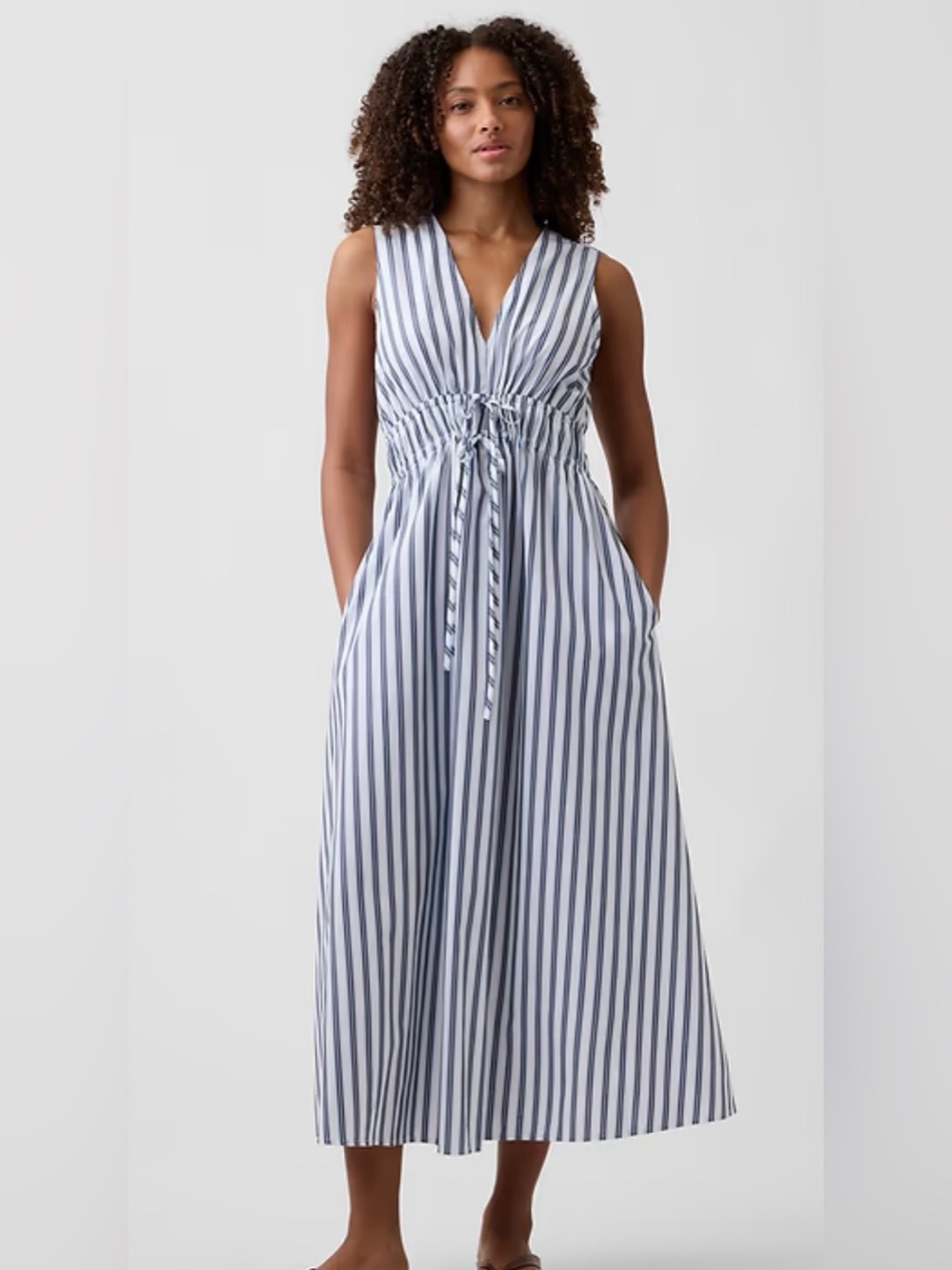 GAP Factory NWT Blue White Stripe Tie Waist Maxi Dress Cotton Large